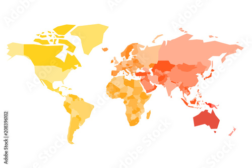 Multicolored map of World. Simplified political map with national borders of countires. Colorful vector illustration in warm colors.