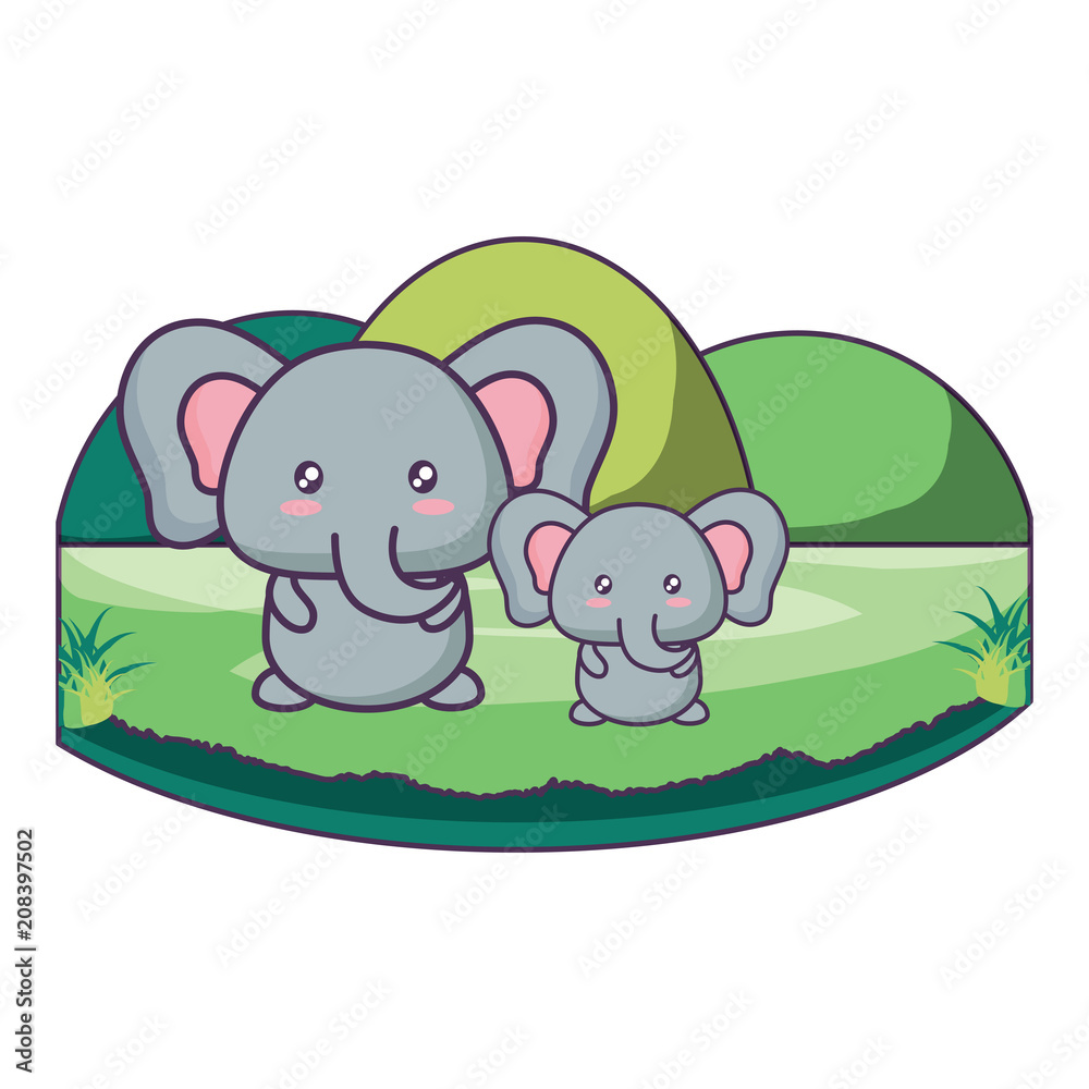 cute elephants in the grass over white background, vector illustration cute elephants in the grass over white background, vector illustration