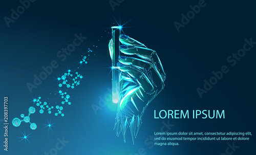 Scientist or laboratory test tube in hand. Low poly vector