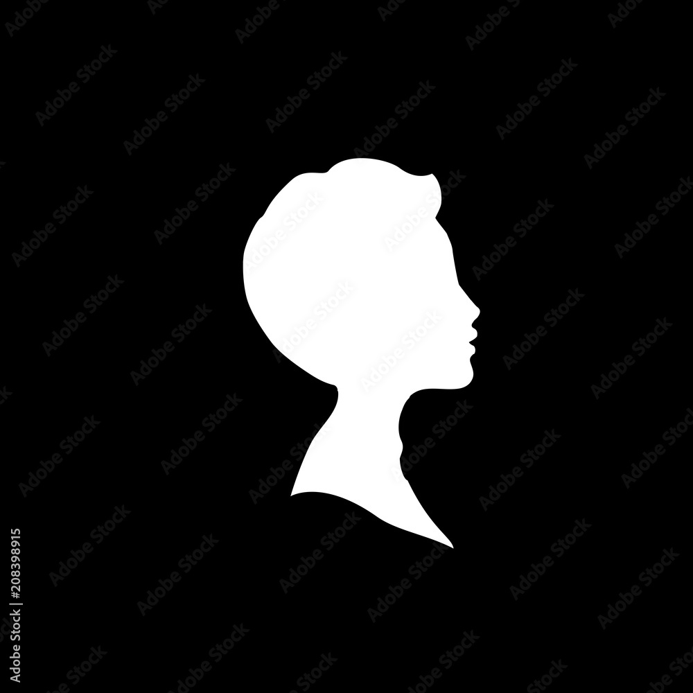 White profile silhouette of young boy or man head, face profile, vignette. White profile silhouette of young boy or man head, face profile, vignette.