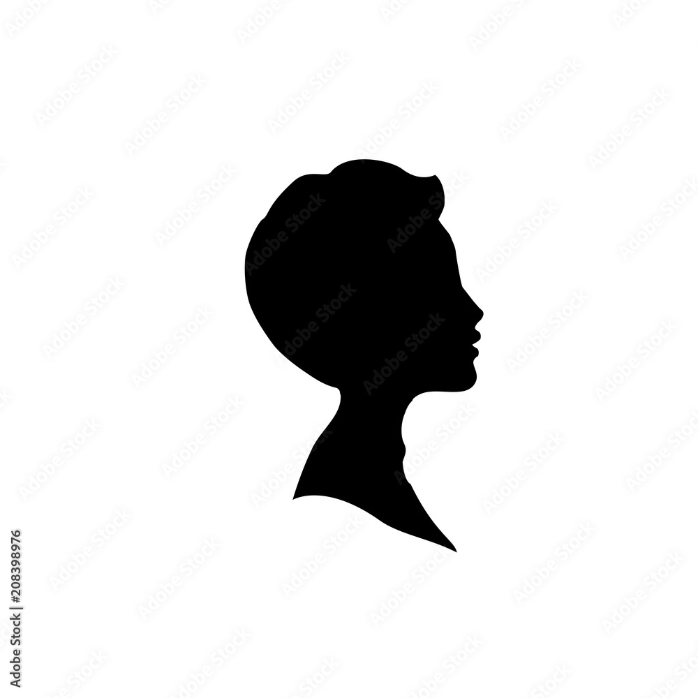 Black profile silhouette of young boy or man head, face profile, vignette.