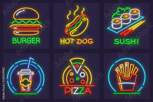 Set of fast food neon icons. Hamburger, hot dog, italian pizza.