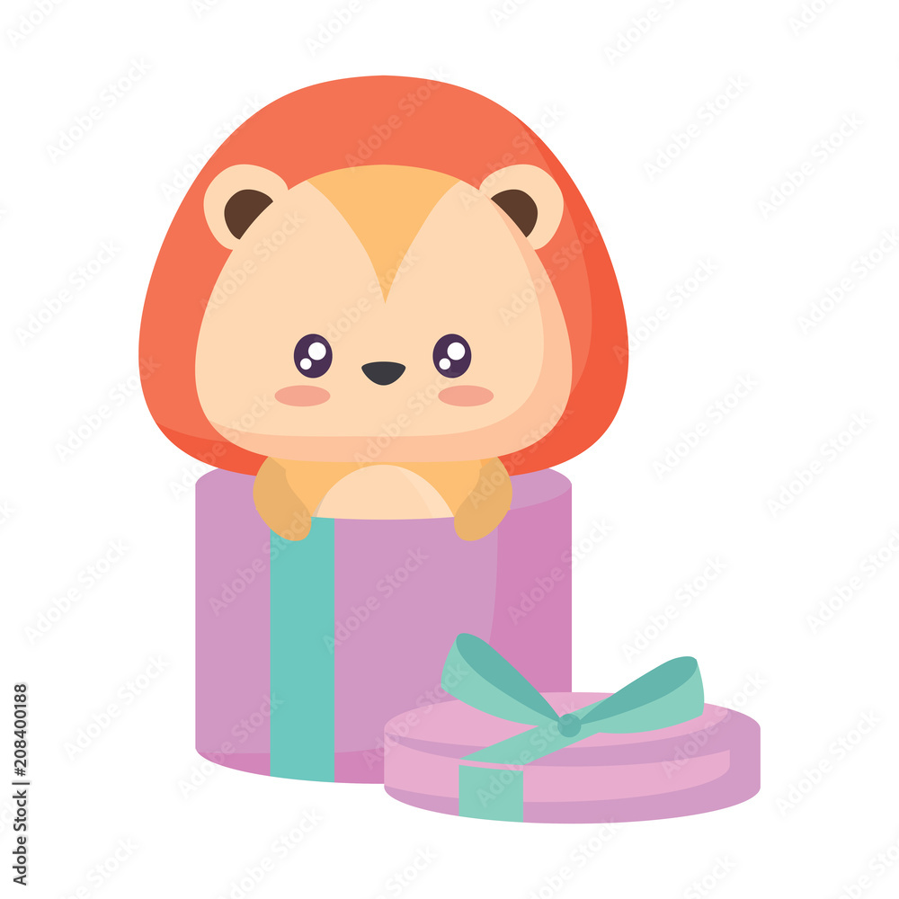 gift box with cute lion over white background, vector illustration gift box with cute lion over white background, vector illustration