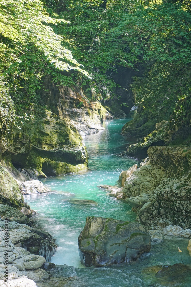 Landscape with turquoise mountain river in rocky shores, Martvili Canyons, Georgia (Europe), Caucasus Landscape with turquoise mountain river in rocky shores, Martvili Canyons, Georgia (Europe), Caucasus