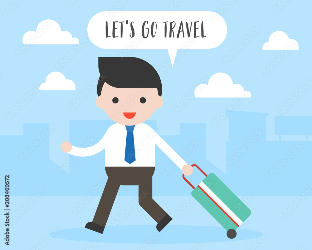 Businessman walking while carrying luggage , let’s go travel concept flat design Businessman walking while carrying luggage , let’s go travel concept flat design