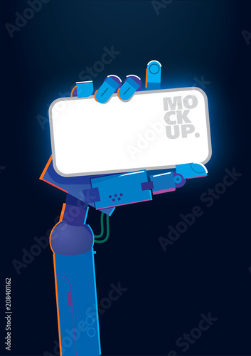 Mockup. Robot's hand holding a smartphone on the dark background