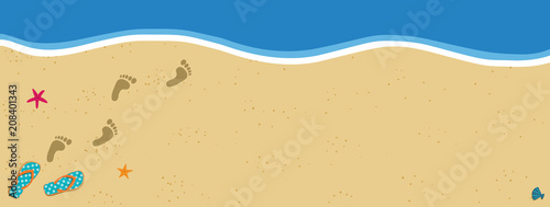 Summer poster with copy space flip flops and foot prints on sandy beach background