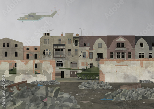 War helicopter flying over the bombed destroyed city