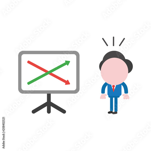 Vector businessman character suprised and looking sales chart arrows moving up and down