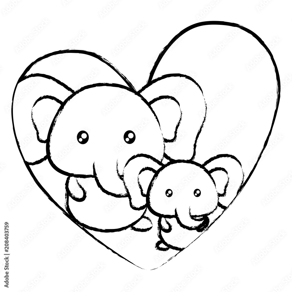 heart with cute elephants over white background, vector illustration heart with cute elephants over white background, vector illustration