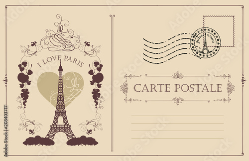 Retro postcard with the famous french Eiffel tower in Paris, France. Vector postcard in vintage style with french landmark, vignette, rubber stamp and words I love Paris