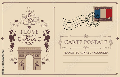 Retro postcard with famous Triumphal arch in Paris, France. Vector postcard in vintage style with french landmark, vignette, rubber stamp and words I love Paris
