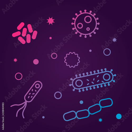 Bacterias and viruses icons. Vector illustration on dark background