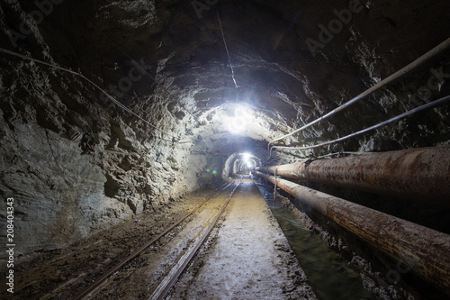 Underground old ore gold mine tunnel shaft passage mining technology with rails
