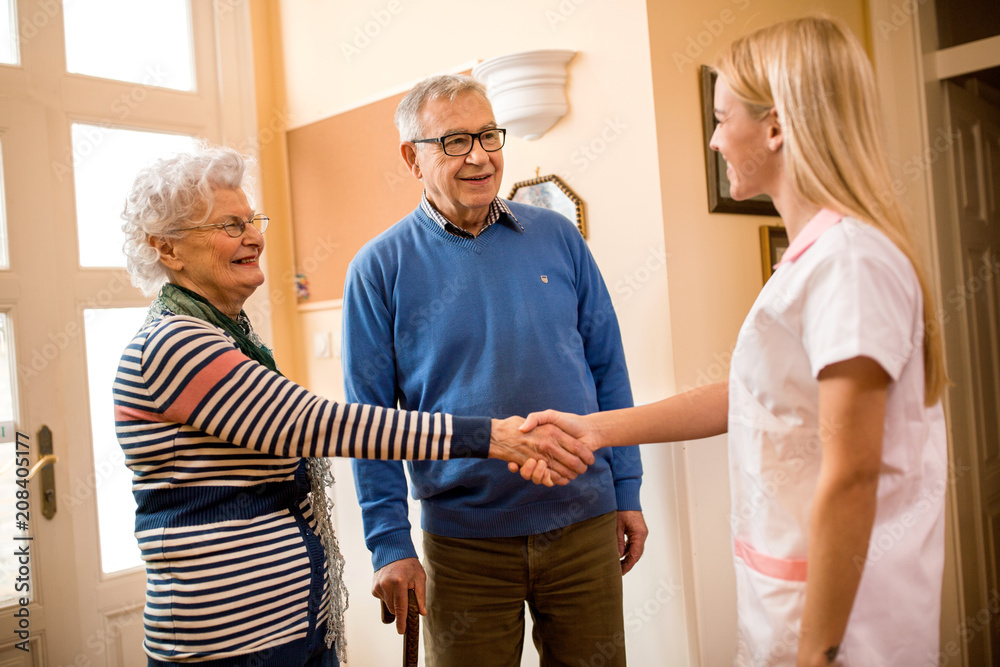 Fototapeta premium Smiling positive nurse shake hands with new patients at clinic