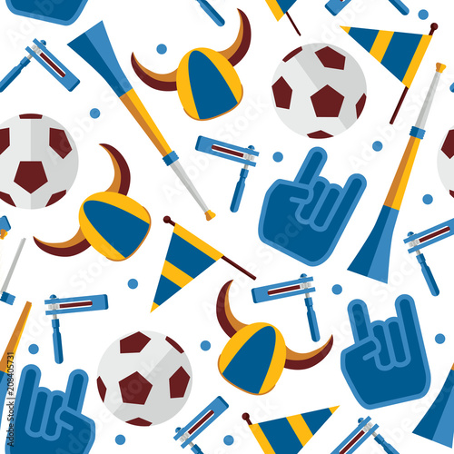 Vector seamless pattern about football fan and accessories as cheerleader glove, hat with horns, ratchet and vuvuzela