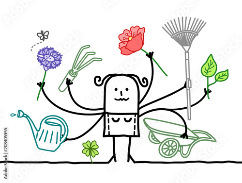 Multitasking Cartoon Gardener with many Arms
