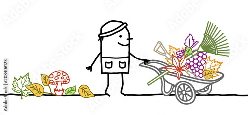 Cartoon Fall Gardener  with Wheelbarrow, Leaves and Tools