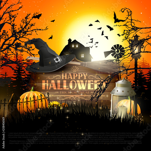 Halloween poster with pumpkins and other traditional Halloween decorations in front of a landscape at sunset.
