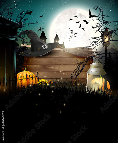 Halloween poster with pumpkins and other traditional Halloween decorations in front of a night landscape. Place for your text.
