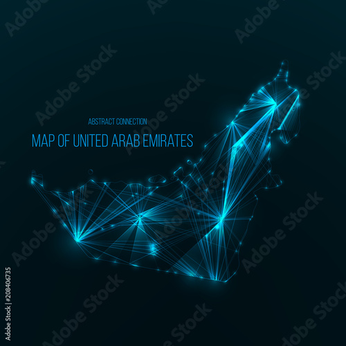 Digital web map of UAE. Global network connection with glowing triangular elements . Abstract country wireframe . Technology vector illustration . United Arab Emirates shape .