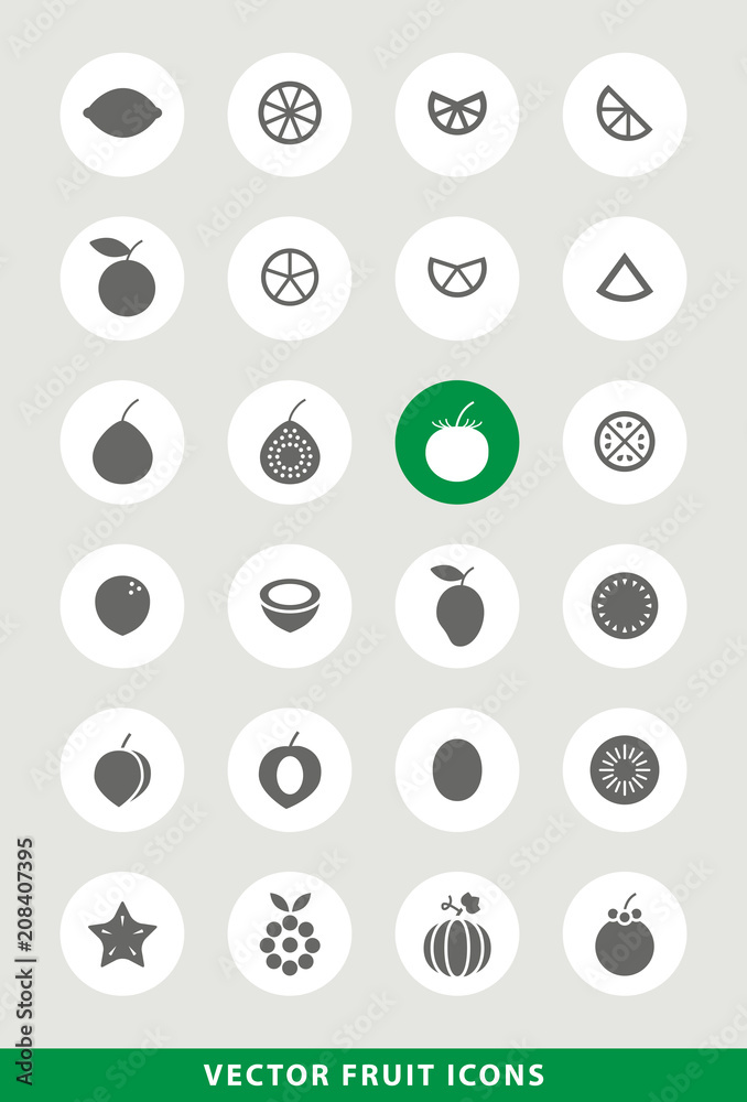 Set of Elegant Universal Fruit Minimalistic Solid Icons on Circular Colored Buttons on Grey Background Set of Elegant Universal Fruit Minimalistic Solid Icons on Circular Colored Buttons on Grey Background