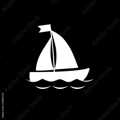 Vector white silhouette of sailing ship isolated on black background.
