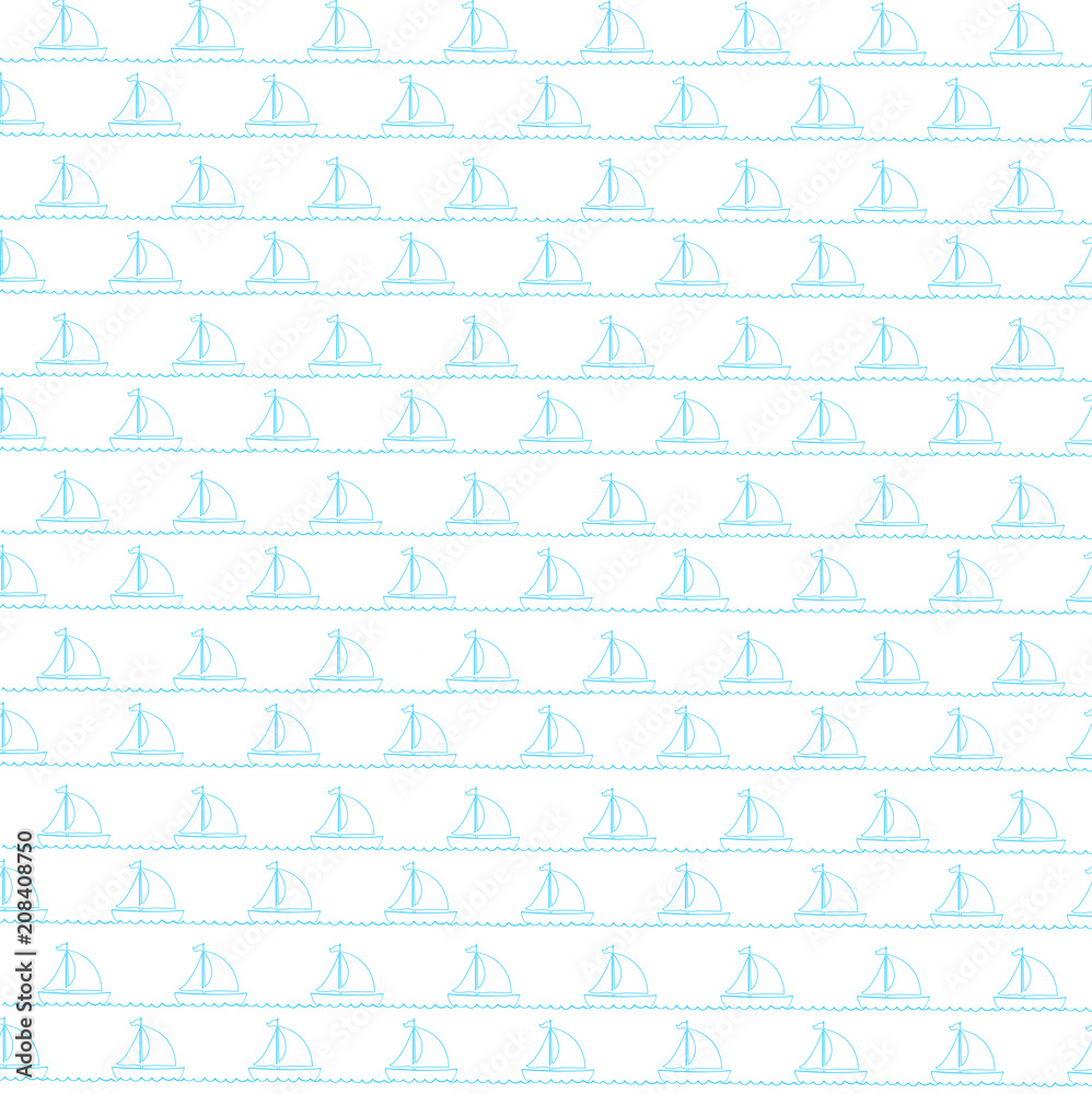 Seamless sea pattern with blue sailing ships on white background.