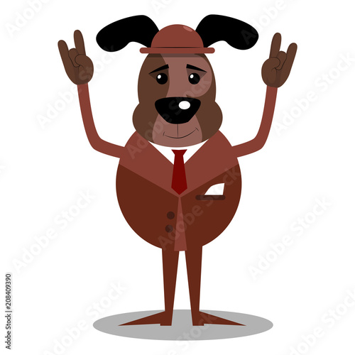 Cartoon illustrated dog with hands in rocker pose.
