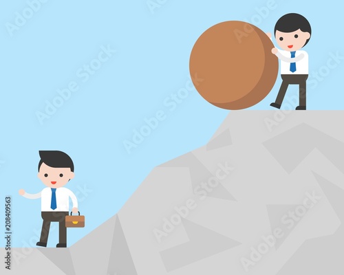 Businessman try to defeat his competitor by pushing rock falling from hill to him, unfair and unethical competition concept flat design