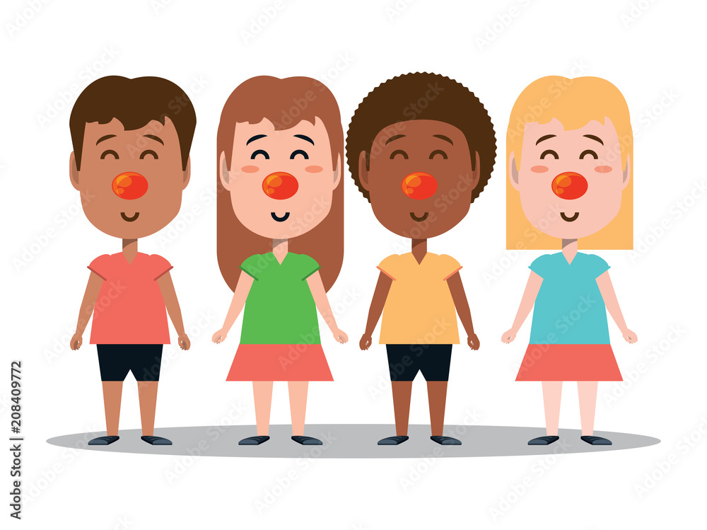 happy kids with clown noses over white background, vector illustration happy kids with clown noses over white background, vector illustration