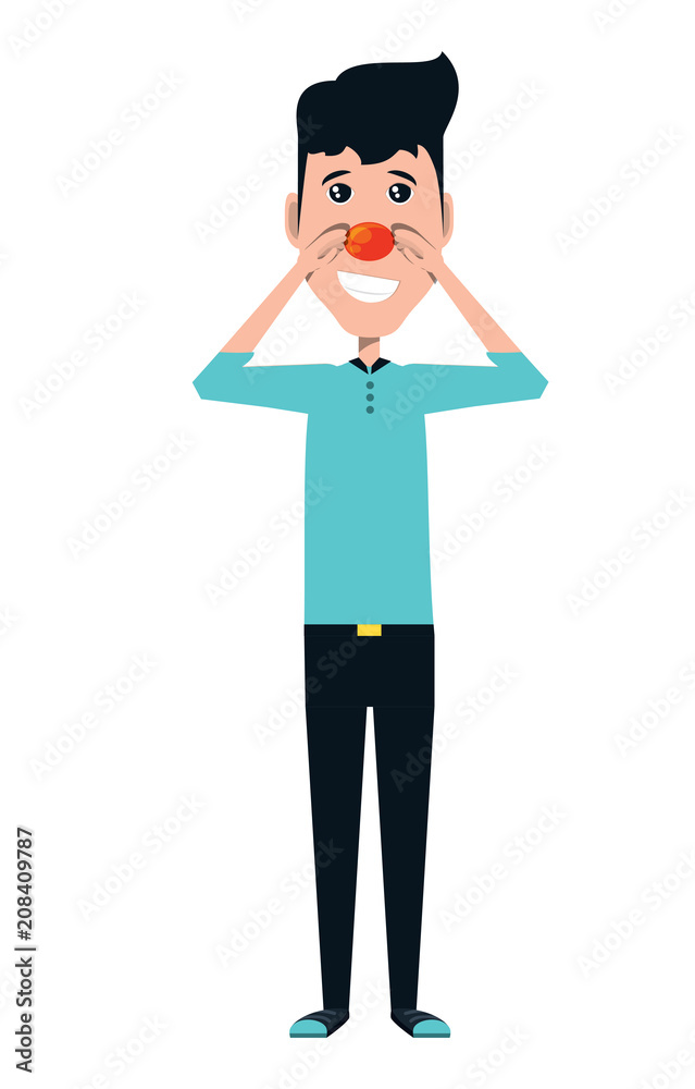 Cartoon man standing with red nose icon over white background, vector illustration Cartoon man standing with red nose icon over white background, vector illustration