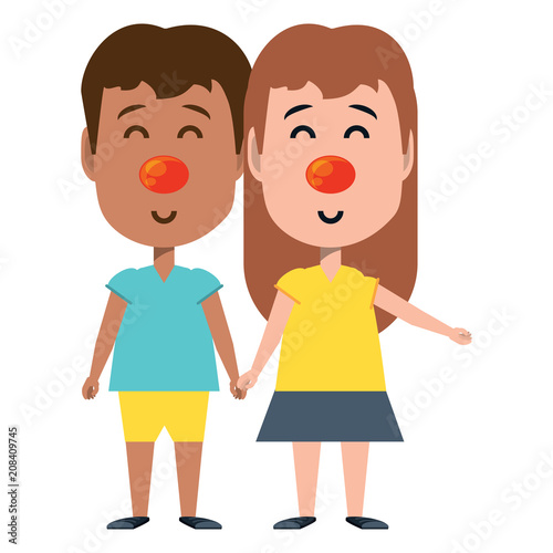 Happy girl and boy with red nose over white background, vector illustration