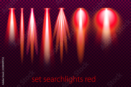 Set of red searchlights on a transparent background. Bright lighting with spotlights. vector illustration