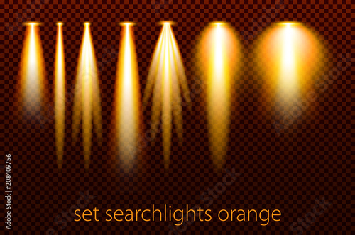 Set of orange searchlights on a transparent background. Bright lighting with spotlights. vector illustration