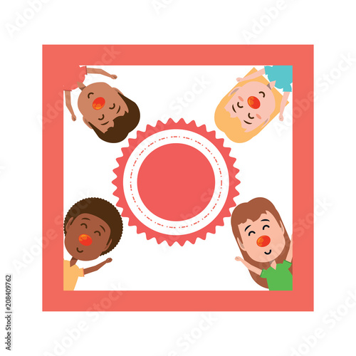decorative frame with happy kids with red noses over white background, vector illustration
