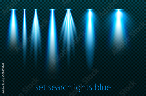 Set of neon searchlights on a transparent background. Bright lighting with spotlights. The searchlight is blue. vector illustration