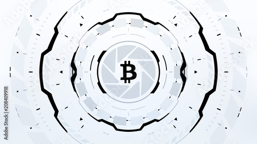 Bitcoin cryprocurrency futuristic black and white vector illustration for background, HUD, graphic user interface, banner, business and finance infographics. Worldwide digital money blockchain system