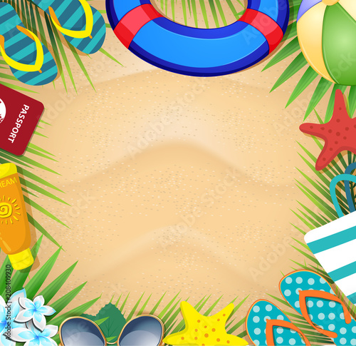 Summer vacation beach accessories and palm leaves on sandy beach background.
