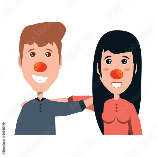Happy couple with red noses  over white background, vector illustration