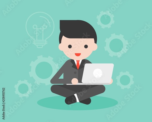 Businessman in black suit sitting with laptop, lightbulb and gear background, creativity consept
