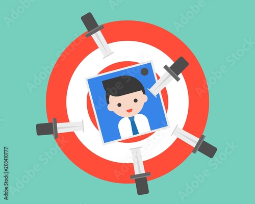 Trowing knife on dartboard with business people photo, revenge or eliminate victim and competitor concept, flat design