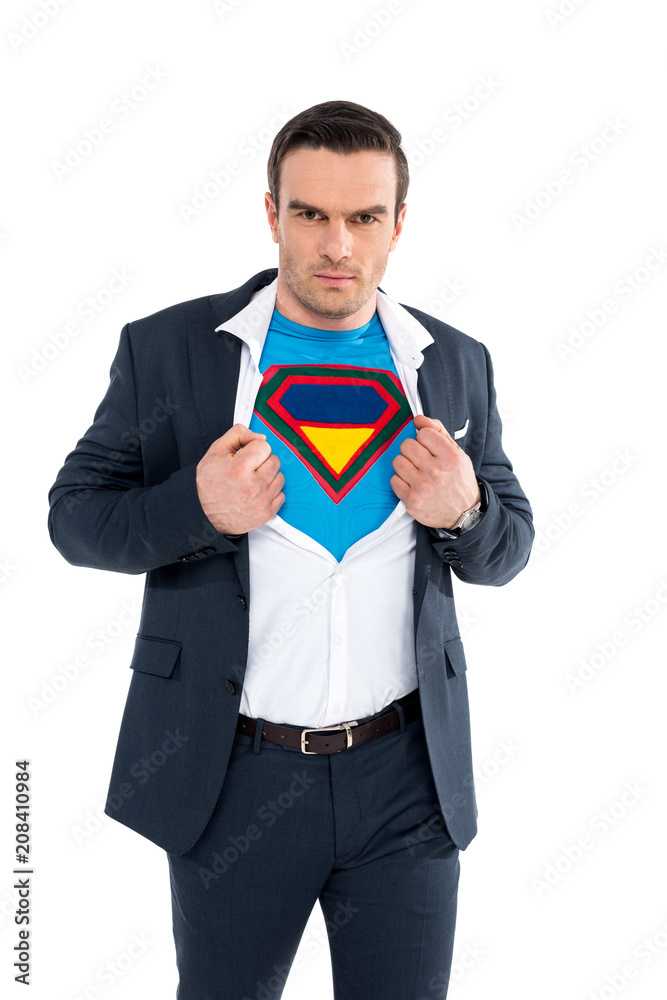businessman showing superhero costume under suit and looking at camera isolated on white businessman showing superhero costume under suit and looking at camera isolated on white