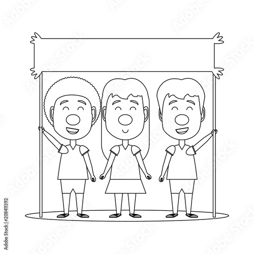 cartoon kids with red noses and holding a blank board over white background, vector illustration