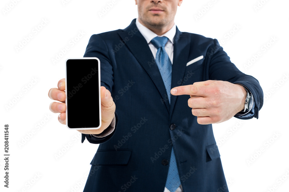 cropped shot of businessman pointing with finger at smartphone with blank screen isolated on white cropped shot of businessman pointing with finger at smartphone with blank screen isolated on white