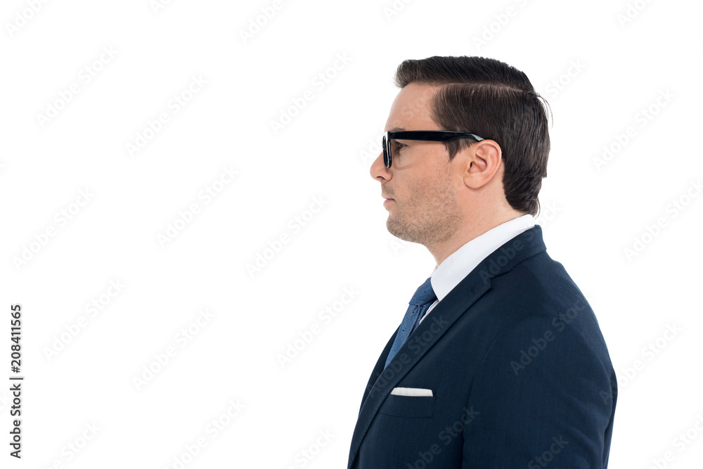 side view of businessman in suit and eyeglasses standing and looking away isolated on white side view of businessman in suit and eyeglasses standing and looking away isolated on white