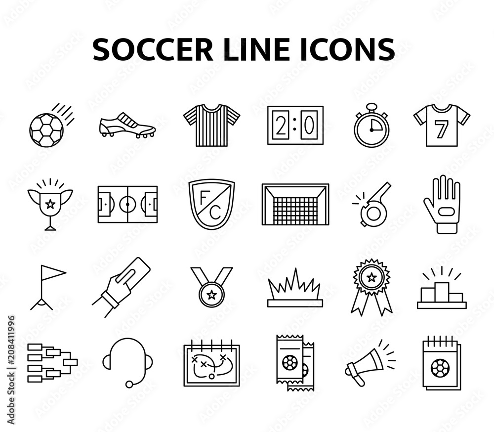 Vector soccer line icons set. European football elements isolated illustration. Football championship cup, gate, field, medal and tickets objects