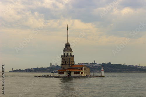 Maiden tower with old city istanbul background.
