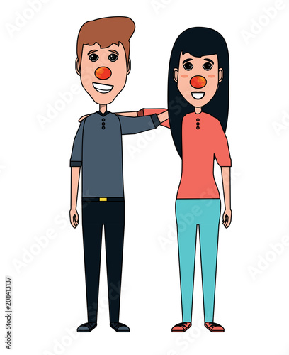 Happy couple with red noses  over white background, vector illustration