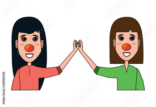 Cartoon happy women with red noses over white background, vector illustration